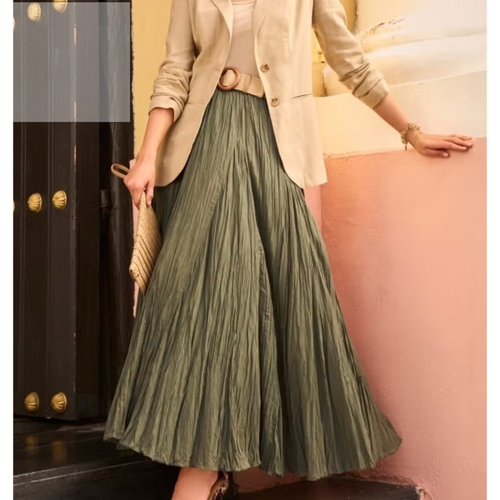 Jessica London Crinkle Flowy Maxi Skirt Women 5X Olive Green Lagenlook Chic NWT
